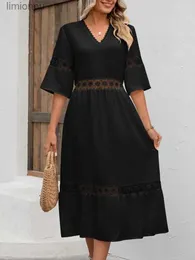 Urban Sexy Dresses White Long Dress Women Hollowed Out Lace Splicing Dresses Summer Elegant Fashion V Neck Half Sleeve Maxi Loose Vestido Mujer 240223