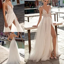 Abiti da sposa eleganti A Line Spaghetti con spacco laterale Illusione sexy Boho Beach Abiti da sposa Perle Abiti da sposa Bohemian senza schienale