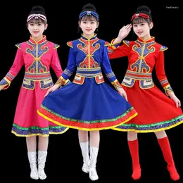 Abbigliamento etnico Costume da ballo mongolo per bambini Giorno Performance di minoranza Vestito da palcoscenico Gonna da ragazza