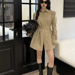 Designer dress Women's Shirt Dresses Spring Classic minimalist khaki light luxury long sleeved button up dress with letters crystal stickers lace pockets