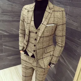 Suits Ceket Yelek Pantolon 2023 Erkekler Ekose İş Blazers Erkek İnce Fit Saf Pamuk Treepiece Suit 3 PCS Set Ekose Damat Elbise M5XL