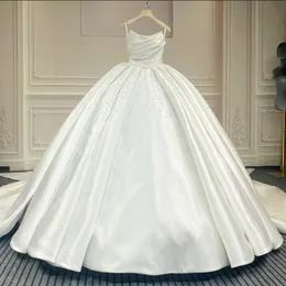 Luxury Lustrous Satin Princess Ball Gown Wedding Dresses Pearl Beaded Off The Shoulder White Ivory Wedding Dress