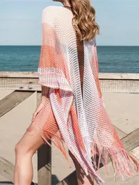 Damskie odzież kąpielowa nadmierna czeska w paski w paski w szyku w szyku w szyku z frędzlami dzianina letnia sukienka plażowa pokrywka dla kobiet na plaży Tunika szydełka Q900