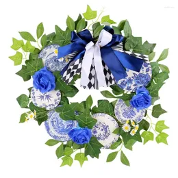 Flores decorativas azul e branco porcelana grinalda decoração de parede porta da frente guirlandas decoração