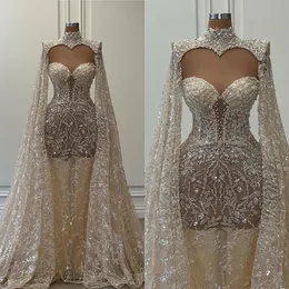 Vintage Pearls Sequins Wedding Dresses Strapless Mermaid Bridal Gowns See Through Beading Cape Sleeve Bride Dresses Custom Made