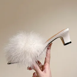 New Designer Feather High Heel Shoes Women Slippers Open Toe Stretch Cloth Slip On Mules Sexy Party Wedding Shoes Bride