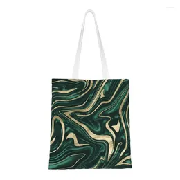 Shopping Bags Reusable Emerald Green Black Gold Marble Bag Women Shoulder Canvas Tote Washable Groceries Shopper