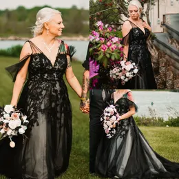 Gothic Black A Line Wedding Dresses Deep V-neck Plus Size Long Tulle Bridal Gowns Beaded Lace Appliques Court Train Wedding Anniversary Formal Gowns For Women