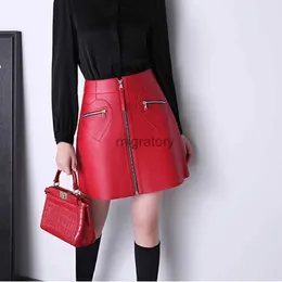 التنانير Skorts بالجملة Sheepskin Jupe مثير فتاة صغيرة الحب سراويل الجيب السوستة عالية الخصر A-line تنورة قصيرة نساء الجلد الأصلي Red YQ240223