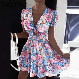 Urban Sexy Dresses Women Floral Print Puff Sleeve Bited Detail Dress Casual Dress Summer Mini Dress 240223