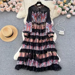 Casual Dresses Style Vintage Elegant Party Dress Women's Stand Collar Long Sleeve Floral Print Holiday Cascading Ruffles Lace 518