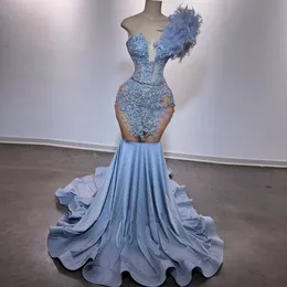 Light Blue Prom Dresses Mermaid For Black Girls Lace Applique One Shoulder Feathers African Birthday Party Gowns 2024 Vestidos