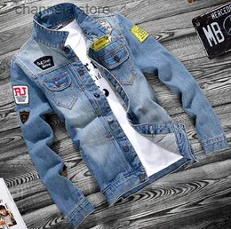 Jaquetas masculinas homens primavera nova jean jaquetas hip hop rasgado designer denim azul casacos de manga comprida único breasted jaqueta roupas t240223