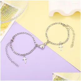 Chain Link Bracelets 2Pcs/Pair Cross Heart Magnet Attract For Couples Fashion Mens Womens Metal Charm Jewelry Gifts Drop Delivery Dhk1B