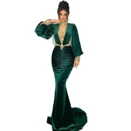 .High Neck Mermaid Evening Dresses Emerald Green Long Puffy Sleeves Trumpet Arabic Prom Dresses Gold Appliques Beads Illusion Formal Party Gowns