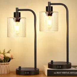 Set aus 2 industriellen Tischlampen mit 2 USB-Anschlüssen, vollständig stufenlos dimmbare Lampen für Schlafzimmer, Nachttisch-Schreibtischlampen mit Lampenschirm aus Saatglas