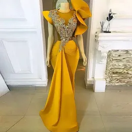 Bright Yellow Mermaid Evening Dresses Lace Appliques O Neck Short Sleeves Women Prom Dress Floor Length Graceful Robe De Soriee