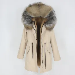 Pele OFTBUY 2022 Nova À Prova D' Água Longo Parka Jaqueta de Inverno Mulheres Casaco Real Natural Fox Raccoon Fur Hood Outerwear Destacável Streetwear