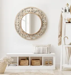 Rustikaler runder Wandspiegel, 32 Zoll Durchmesser, helles Naturholz, kunstvoller runder Spiegel mit holzgeschnitztem Rahmen und antik inspirierten Details