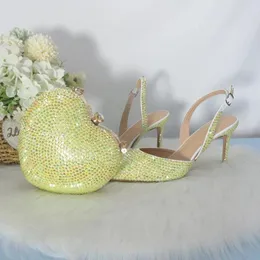 Bridal Sandals Yellow Toe Crystal Pointed Wedding Shoes and Heart Bag Ladies Party Dress Thin Heels Women's High Heel Handbag 66 Hbag