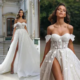 Romantic Wedding Dresses Lace 3D-Floral Appliques Bridal Gowns Side Split Sequins A Line Bride Dresses Custom Made Plus Size