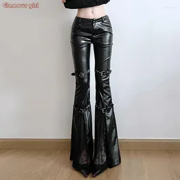 Women's Pants European And American Spicy Girl Style PU Fabric Splicing Belt Buckle Leather Waist Slimming Micro Flared Casual