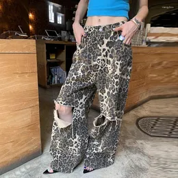 Jeans da donna WCFCX STUDIO Y2K gamba larga strappata leopardata per pantaloni casual con stampa retrò americana alla moda