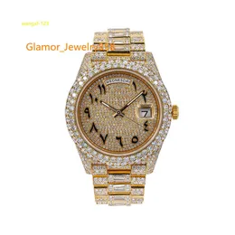 Watch for Gift Rose Gold Plated Stainless Steel Glass Men White Moissanite Round Analog Gems Stones 2 Pieces RCK Global