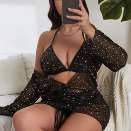 ARXIPA L-5XL Plus Size Sexy Bikinis 3-teiliger Badeanzug für Frauen Dreieckiger Badeanzug Gepolsterter Push-Up-Strandmode Brasilianischer glänzender Bling mit langärmligen Schnür-Cover-Ups