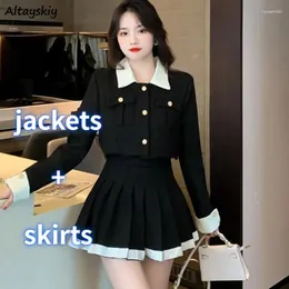 Work Dresses 2 Pcs Sets Women Crop Panelled Jackets Pleated Mini Skirts Autumn Tender Gentle French Style Sweet Aesthetic Y2k Girls