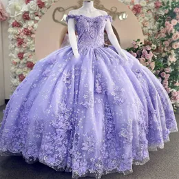 Lavender Quinceanera Dress Off Rame Applique Flower Foral Lace Frezing Tull Ball Sukni