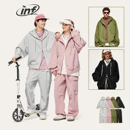 Inflação unissex harajuk agasalho oversized na moda rosa calças de carga e jaqueta com capuz conjunto masculino hooodie conjunto 240219