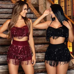 Tassel Sequined Tassel 2 مجموعة نسائية مهرجان ملابس السباغيتي قمم محصول حزام وسروال شورت Bodycon Sexy Party Club Outfits 240219