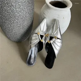 Slippers ZOOKERLIN Pointed Fashion Design Pleated Metal Decoration Hollow Women Sandals Low Heel Solid Color Slides Slip-on Pump