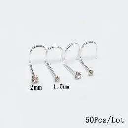 Schmuck Großhandel 925 Sterling Silber 2 mm r 1,5 mm runder klarer Kristall Nasenring Mode Fischschwanz Nasenschraube 50 Stück/Los