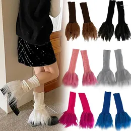 Women Socks Plush Patchwork Feather Flared Knee High Solid Color Crochet Knitted Covers Y2k Fur Trim Boot Cuffs