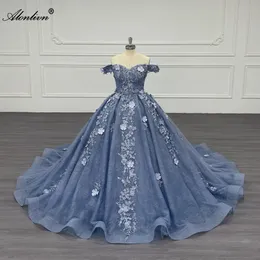 Alonlivn elegância fora do ombro mangas vestido de baile vestidos de casamento frisado bordado rendas 3d flores querida princesa vestidos de noiva