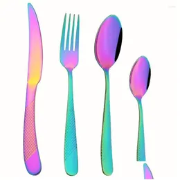 Dinnerware Sets 4Pcs Colorf Cutlery Set Stainless Steel Western Sierware Dinner Complete Fork Tea Spoon Knife Tableware Drop Deliver Dh8Gq