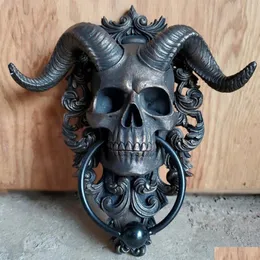 Dekorativa föremål Figurer Skeleton Head Door Knocker Decor Harts Get-Headed Figure Hanger 3d Punk Satan Skl Sheep Statue Wall Dhbvu