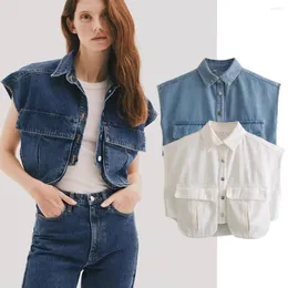 Bluzki damskie zwiędły brytyjska moda High Street Short Shirt Kobieta blogerka retro narzędziowa dżinsowa kobiety