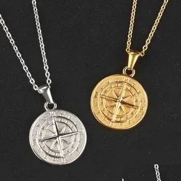 Pendant Necklaces Hip Hop Rock Women Men Compass Necklace Choker Vintage Titanium Stainless Steel Round Coin 18K Gold And Sier Color Dhgk5