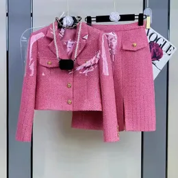 Plaid Tweed Short Jacket and Split Skirt Set for Women Elegant Trendy Outfits Luxury Spring 2Piece Pink 240219