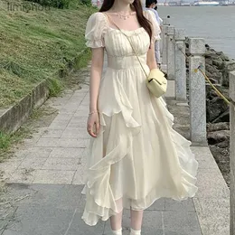 Kentsel Seksi Elbiseler Kadın Yaz Elbisesi Şifon Peri Katı Şık Parti Midi Elbise 2023 Yeni Kore Beyaz Zarif Yüksek Bel İnce Uzun Etek y2k 240223