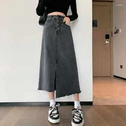 Saias jeans mulheres verão coreano cintura alta frente fenda longa slim y2k streetwear casual solto saia reta