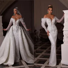 Luxury Wedding Dresses Sequins Pearls Mermaid Bridal Gowns with Overskirts Off Shoulder Beading Bride Dresses Custom Made