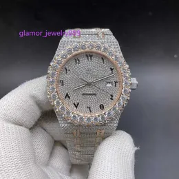 15400 Full CZ 다이아몬드 로즈 골드 2 톤 케이스 42mm 큰 돌 베젤 아랍어 번호 남성 자동 반짝이는 워치 브랜드 로고 워치