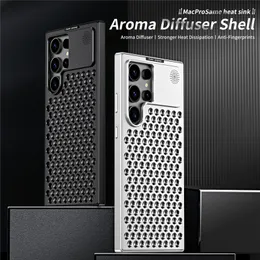 Ausgehöhlte Aroma-Diffusor-Handyhülle aus Aluminiumlegierung für iPhone 15 14 13 12 Pro Max Samsung Galaxy S23 S22 S24 Ultra Vollständig schützende Metall-Wärmeableitungs-Rückschale