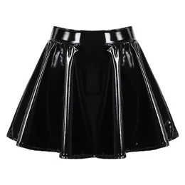 Skirts Skorts Flared Miniskirt For Women Glossy Patent Leather Skirt Dance Performance Mini Clubwear Cosplay Costume Retro Dress YQ240223