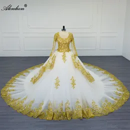 Alonlivn 100% Real Photos Beauty O-Neck Ball Gown Wedding Dress With Beading Rhinestones Pearls Golden Embroidery Lace Full Sleeves Bridal Gowns