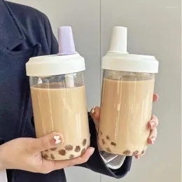 Vattenflaskor kawaii katt boba plastflaska med halm pu ärm söt kaffebubbla te mjölk koppar bärbar dricka bpa gratis